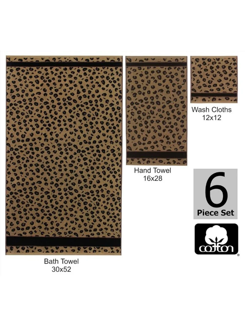 6-Piece Animal Print Safari Towel Set - Soft 100% Cotton Bath Towels